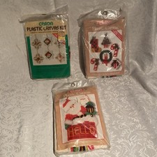 Caron Vintage Plastic Canvas Kit Christmas Crafts Ornaments Santa Stock Lot Of 3