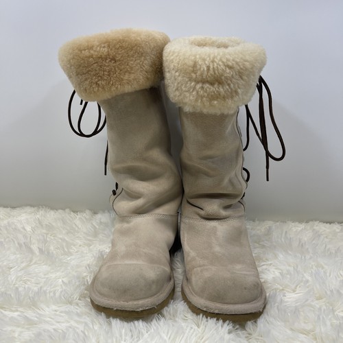 UGG Cream Upside Lace Up Suede Tall Snow Boots Womens SZ 7 Leather SEE PHOTOS - Picture 3 of 19
