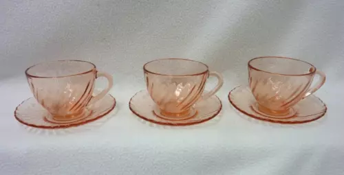 GLASS ARCOROC FRANCE ROSALINE PINK SWIRL TEACUP/COFFEE CUPS AND SAUCERS SET OF 3