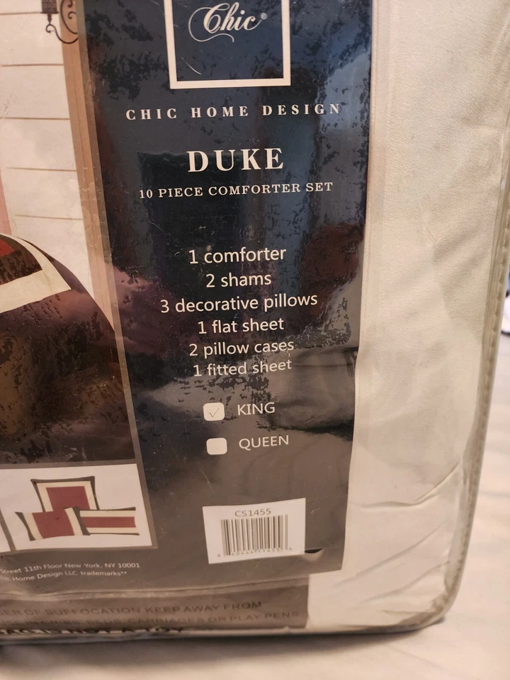 Chic Home Duke Comforter 10 Pc Set, King Red, Black & White CS1455 New In Bag - Image 3 of 4