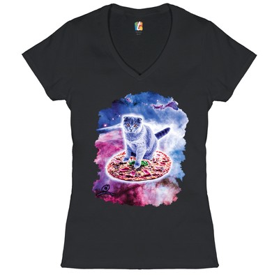 Cute Cat Riding a Pizza in Galaxy Women's V-Neck T-shirt Funny Kitty Space Tee