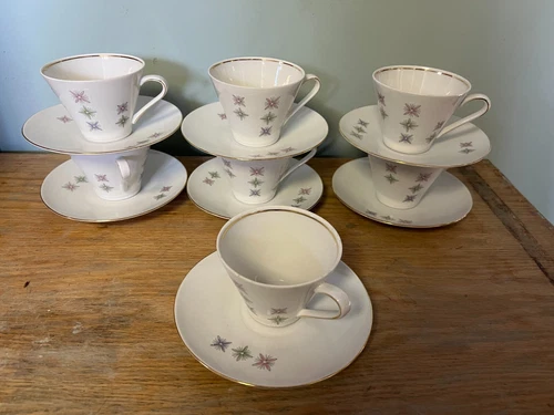 Bavaria Schumann Arzberg Germany CUP SAUCER SET 6 ATOMIC STAR FLOWERS
