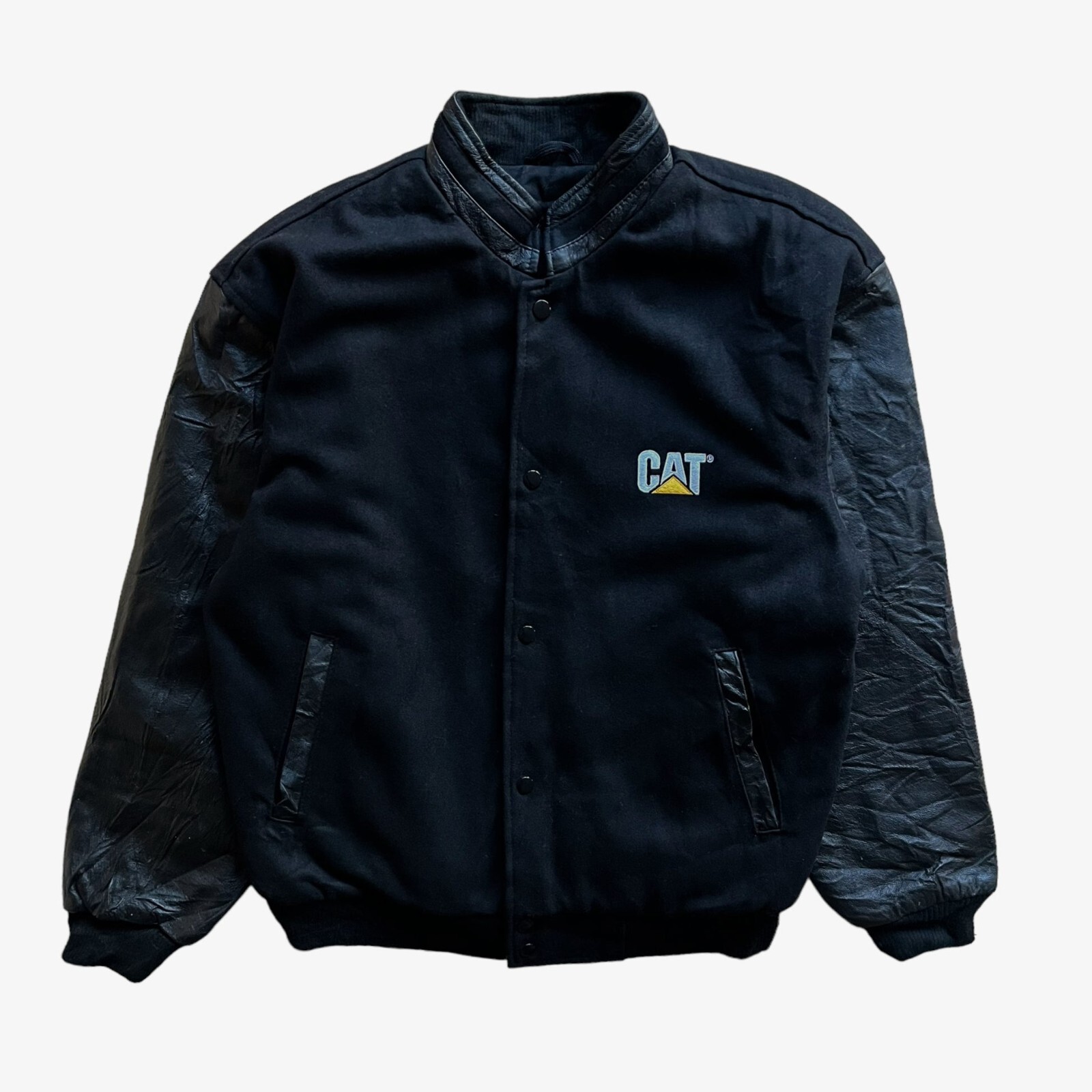 90s Vintage CAT Black Leather Varsity Jacket Y2K Workwear Chore Coat