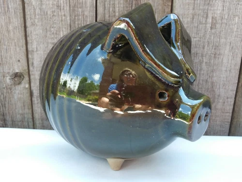 vintage Stoneware Pottery Large PIGGY BANK Japan Green Long FLOPPY Ears