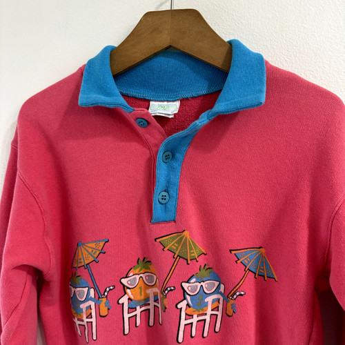 Vintage 80s Benetton Sweatshirt Girls Size M Italy Pink Blue Beach Oranges Fruit - Picture 2 of 11