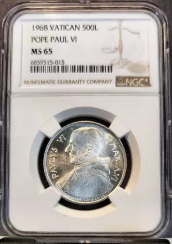 1968 VATICAN SILVER 500 LIRE FAO POPE PAUL VI NGC MS 65 BRIGHT GEM BU