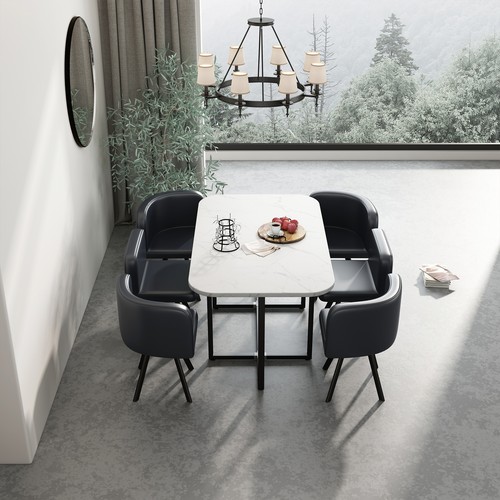 7 Piece Dining Table Set Faux Marble Wood Tabletop 6 PU Chairs Metal Legs Black - Picture 5 of 8