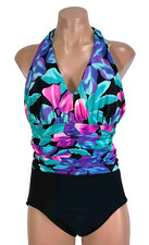 Vintage 80s One Piece Bathing Suit 12 Ruched Floral Swimsuit Underwire Halter