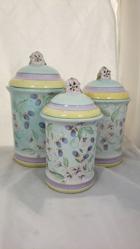 Vintage Air Tight Set Of Three Ceramic Canisters Blue Purple Floral Blackberry