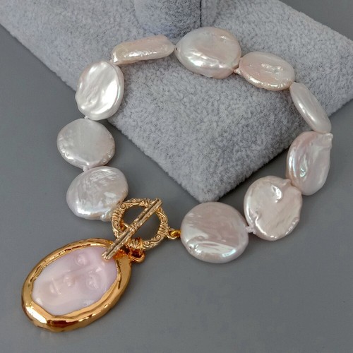 Freshwater Cultured White Coin Pearl Bracelet Pink sea shell Facial Mask Charm - Picture 6 of 8