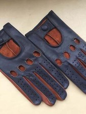 Driving Handmade Gloves Italian Genuine Leather Brown  Blue