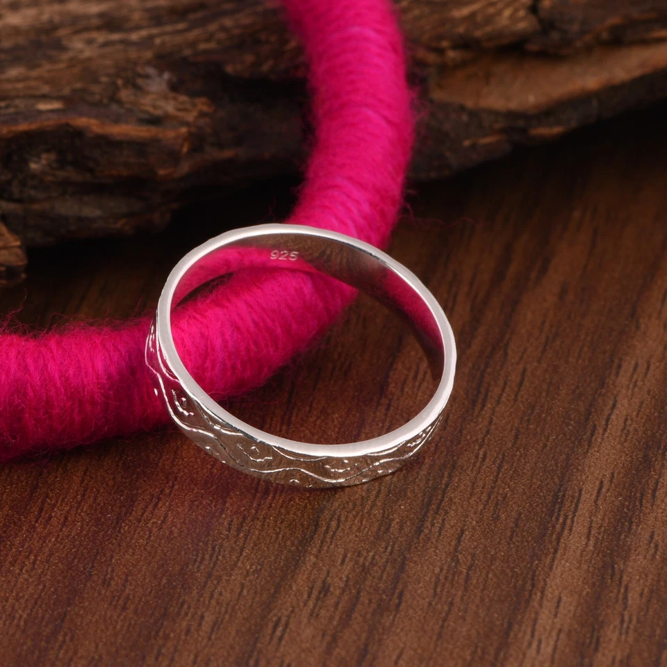 925 Sterling Silver Textured Swirl Band Ring Flower Leaf Engraved Ring For Women - Image 4 of 4