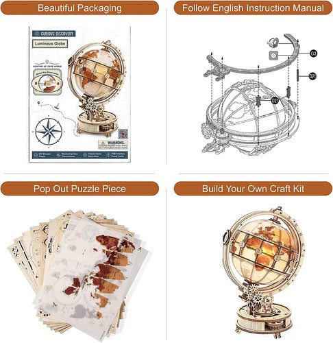 ROKR DIY 3D Wooden Puzzles LED Illuminated Globe Model Building Kits Xmas Gifts - Picture 7 of 11