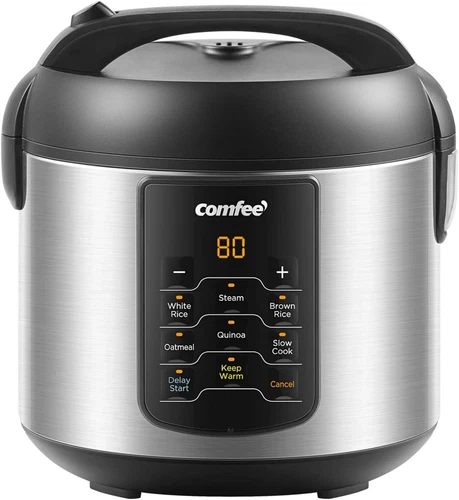 COMFEE' 6-in-1 Compact Rice Cooker, Stainless Steel, 2 QT, 8 Cups Cooked