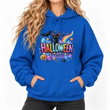 Womens Halloween Hoodie Rainbow Cute Black Cat Pumpkin Spooky Season Sweatshirt