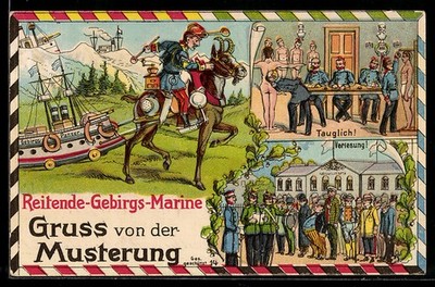 AK Gruss von der Musterung, Reitende Gebirgsmarine mit Schiff, Wurst und Kaffee 