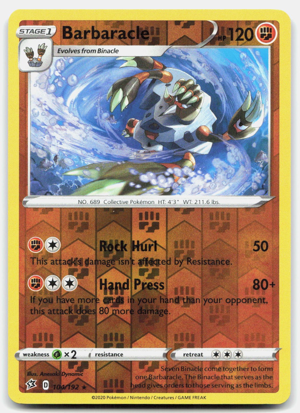 Barbaracle Rare Rebel Clash Reverse Holo 104/192 NM/M Pokemon