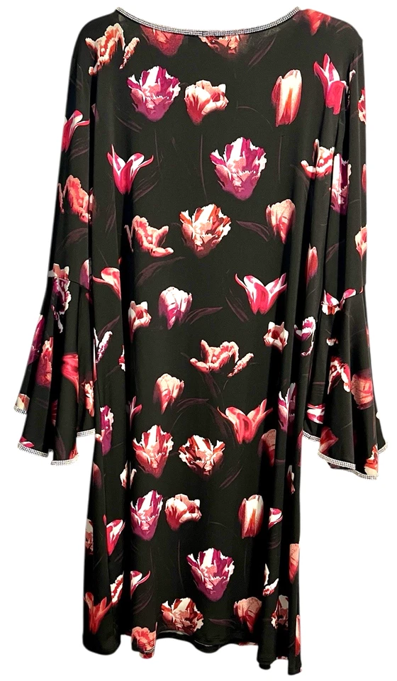 MSK 连衣裙女式 XL 码黑色红色花卉水钻装饰喇叭袖 — 第 2/4 张图片