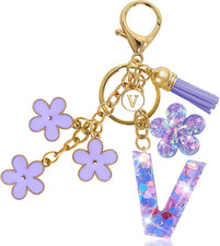 Resin Alphabet Initial Letter Keychain Tassel Flower Pendant Key Ring for Purse
