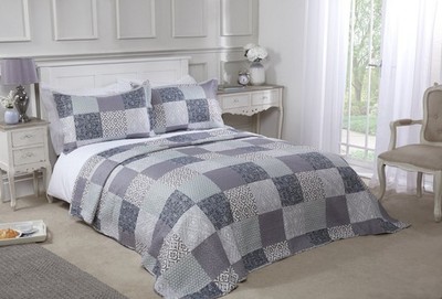 Geometrisch Patchwork Gesteppt Tagesdecke Set Überwurf Bettüberwurf King Grau Neu