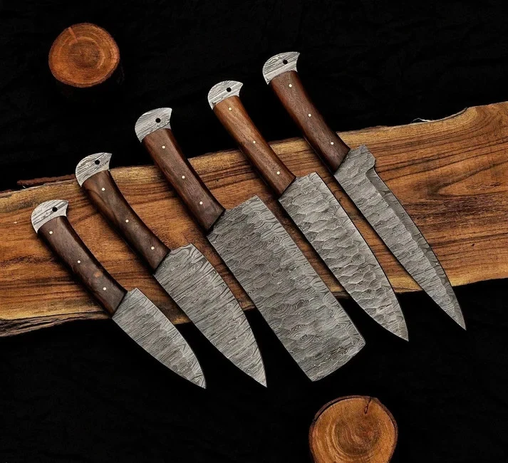 Hand Forged the Damascus 5-Piece Chef Knife Set with Leather Roll.