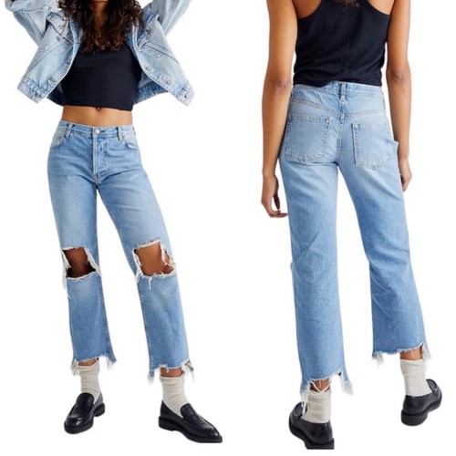 Free People Maggie Straight Leg Jeans Size 25 Busted Knee Distressed Mid Rise
