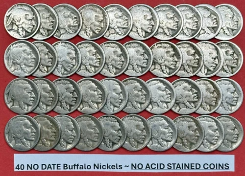 DATELESS Buffalo Nickels Lot of 40 NO DATE Buffalo Nickels Roll ~ NO ACID STAINS