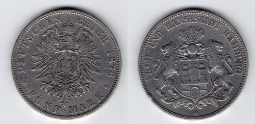 HAMBURG 5 Mark 1876 J #102