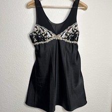 Cinema Etoile Black Satin Chemise Nightgown Floral Embroidery Size L