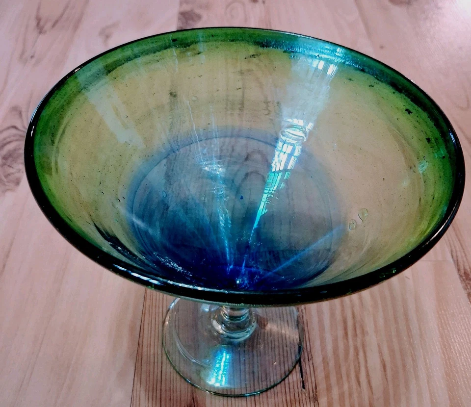 Jarrón de vidrio artístico soplado a mano estilo Murano azul verde ombre cono pedestal Foto 3 de 4