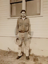 Disheveled Young Man Holding His Hat, Farmer? WPA?: 1930's Snapshot Photo