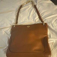 Tory Burch Brown Pebbled Shoulder Bag, Chain Strap, Gold Hardware, Dust Bag