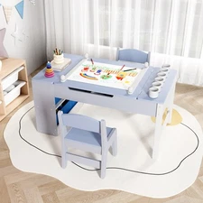 3in1 Activity Craft Table & Chairs Set Kid Wooden Drawing Table Set W/ Art Easel