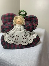 Vintage Christmas Angel with plaid dress and Apron mistletoe wreath for crown