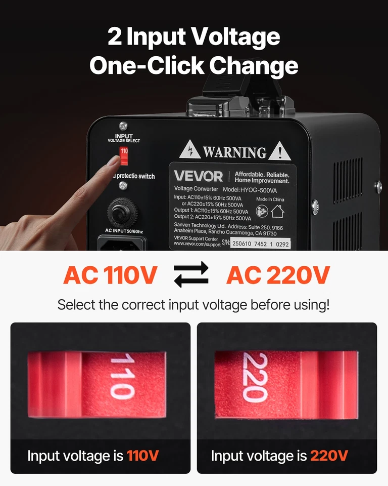 VEVOR Trasformatore Tensione Elevatore Riduttore 220V -110V 110V-220V 500 VA - Immagine 2 di 4