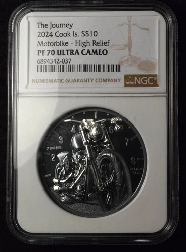 2024 $10 COOK ISLANDS SILVER MOTORBIKE HIGH RELIEF COIN NGC PF70
