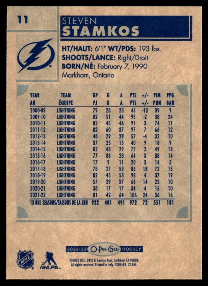 2022-23 O-Pee-Chee Retro Steven Stamkos Tampa Bay Lightning #11 - Image 2 of 2