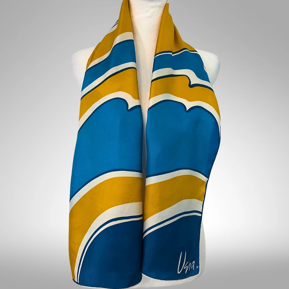 Bufanda Vera Oblonga De Colección Años 60 Azul Mostaza Amarillo Mod Abstracta Mediados de Siglo Moderna Foto 3 de 4