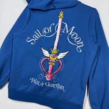 Sailor Moon Hoodie Women L Blue Embroidered Full Zip Pretty Guardian Bow Sword