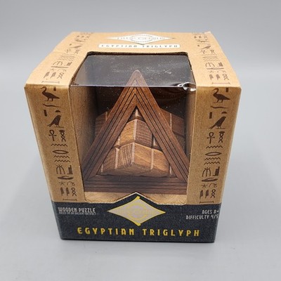 True Genius Egyptian Pyramid Triglyph Brain Teaser Wooden Puzzle Box / NEW