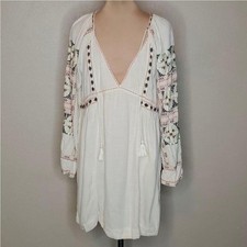 Free People Long Sleeve Cream Mini Embroidered Dress