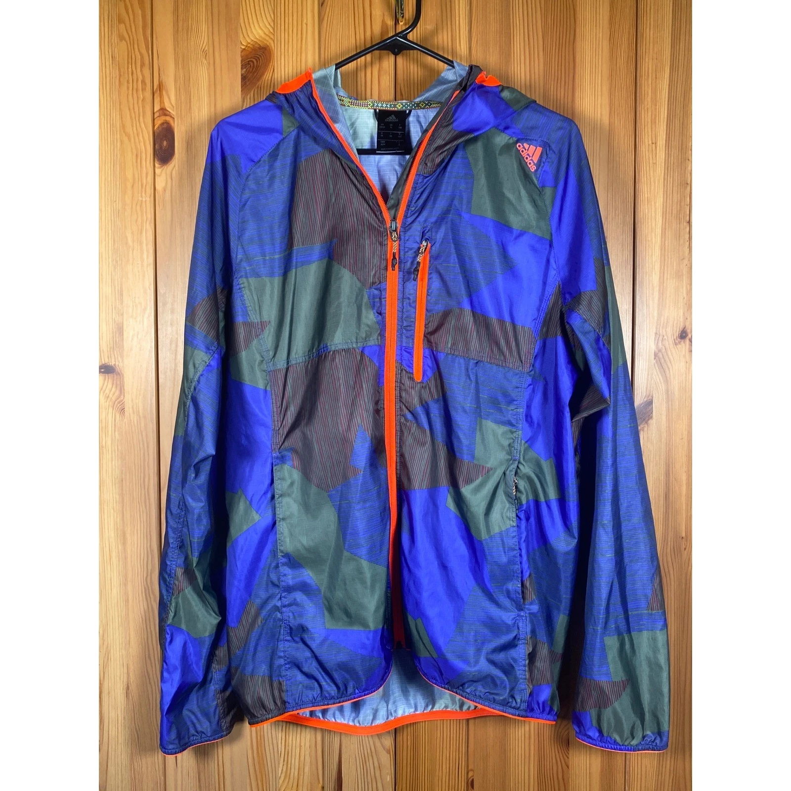 Adidas Mens Windbreaker Jacket Geometric Print Blue Orange Hooded Full Zip Med