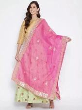 Women's Cotton Blend Pink & Gold-Toned Embroidered Multifunctional Dupatta