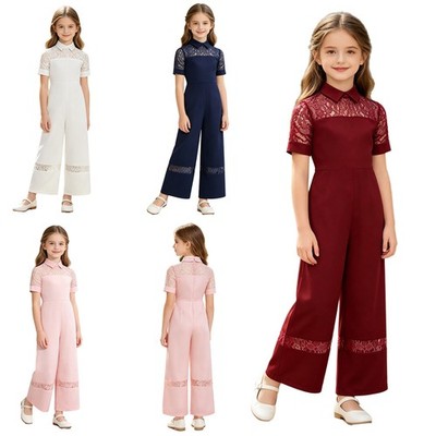 Kids Girls Jumpsuit Floral Lace Patchwork Rompers Wide Legs Bodysuit Pageant