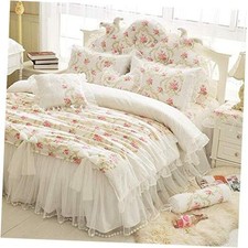 Girls Bedding Set Lace Ruffle Duvet Cover Sets with Bed Skirt Twin White