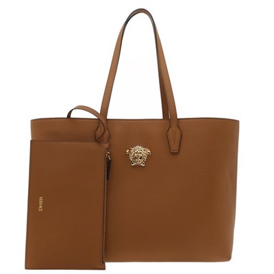 Versace La Medusa  Tote With Pouch Brown Leather New