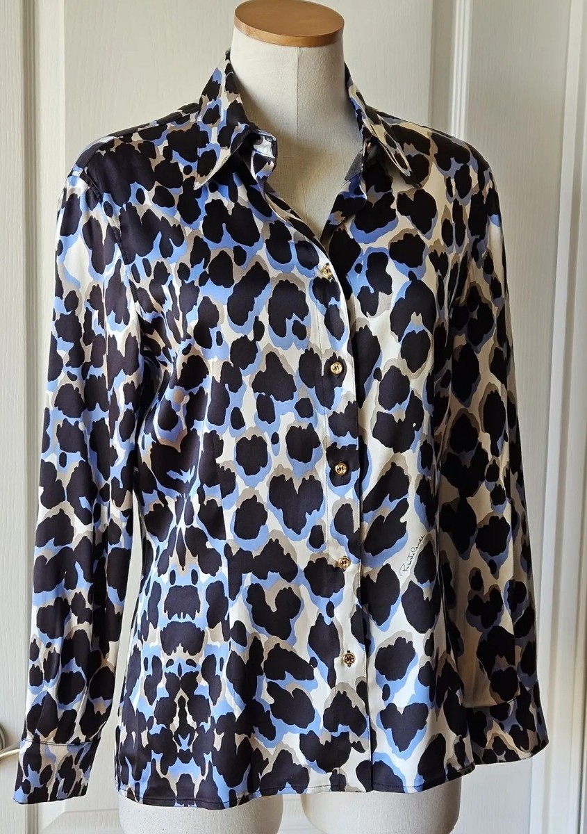 Roberto Cavalli US 10, 46 Blue Black Leopard Print Silk Long