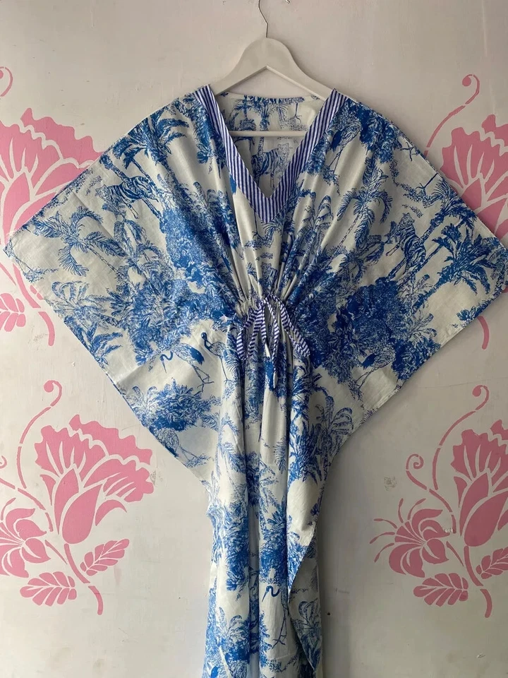 Maxi Vestido Caftán Playa Larga 100% Algodón Indio Vintage Talla Única Caftán Kimono Foto 3 de 4