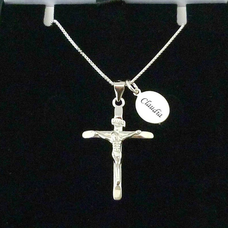Silver Crucifix Necklace, Cross, Name Engraved, Gift for Christian