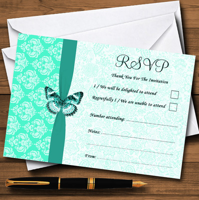Mintgrün Vintage Blumen Damast Schmetterling personalisierte RSVP Karten